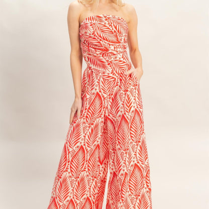 Strapless Pleated Top & Print Pants Set red front view