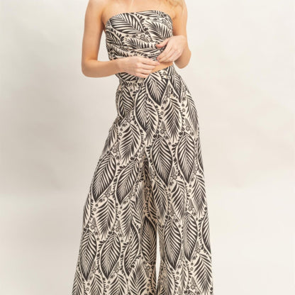 Strapless Pleated Top & Print Pants Set black front view