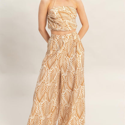 Strapless Pleated Top & Print Pants Set light brown front view