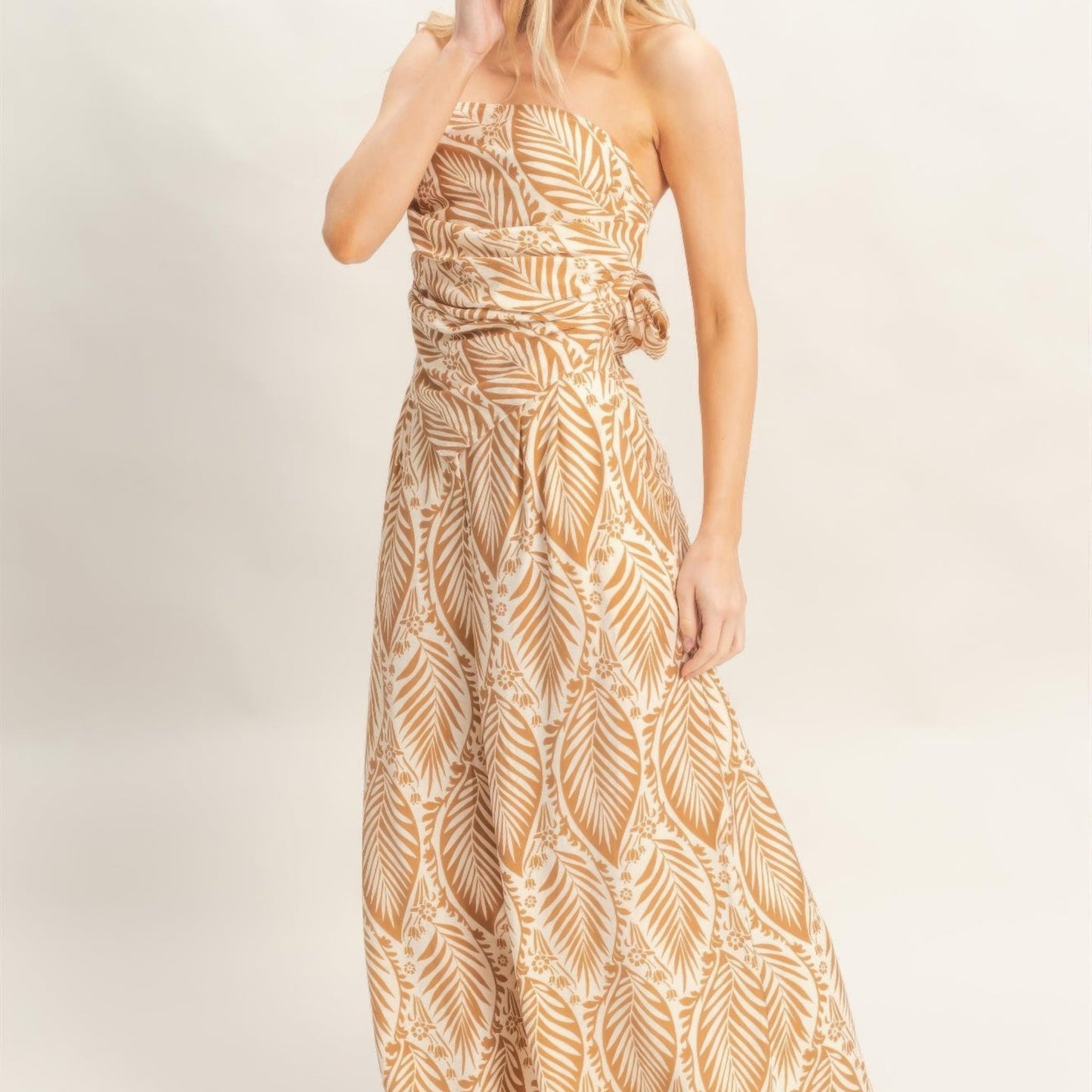 Strapless Pleated Top & Print Pants Set light brown side view