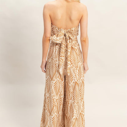 Strapless Pleated Top & Print Pants Set light brown back view