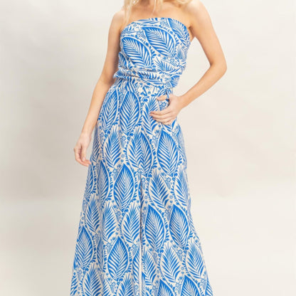 Strapless Pleated Top & Print Pants Set blue front view