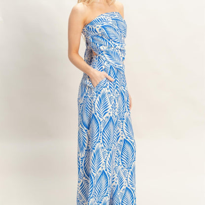 Strapless Pleated Top & Print Pants Set blue side view