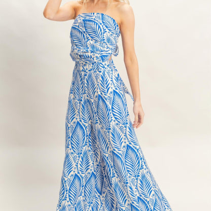 Strapless Pleated Top & Print Pants Set blue side view