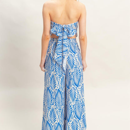Strapless Pleated Top & Print Pants Set blue back view