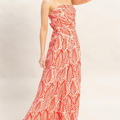 Strapless Pleated Top & Print Pants Set red side view