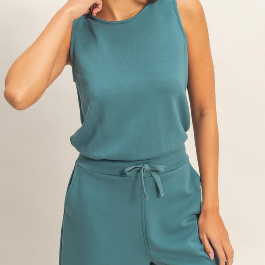 Drawstring Waist Sleeveless Romper in Dark Teal - Front View