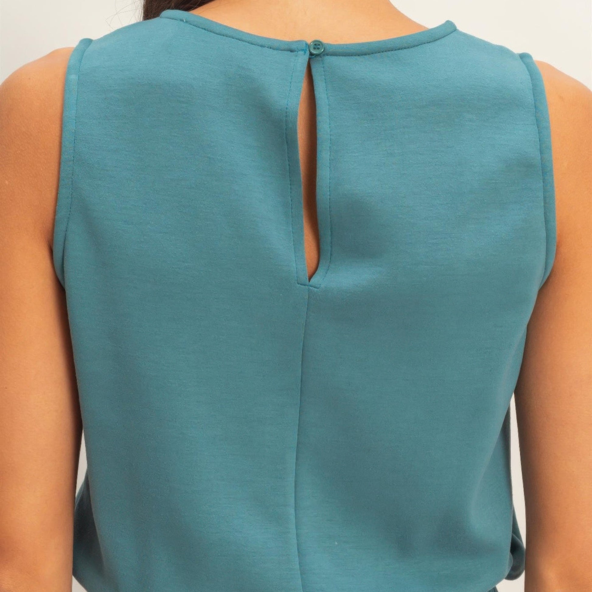 Drawstring Waist Sleeveless Romper in Dark Teal - Back View