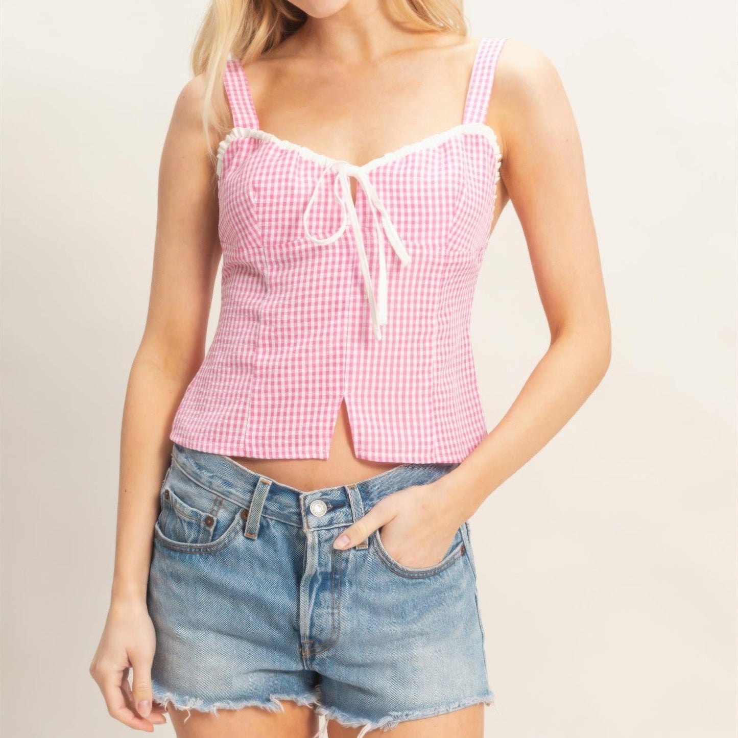 Gingham Tie Front Tank Top in Pink - Front View