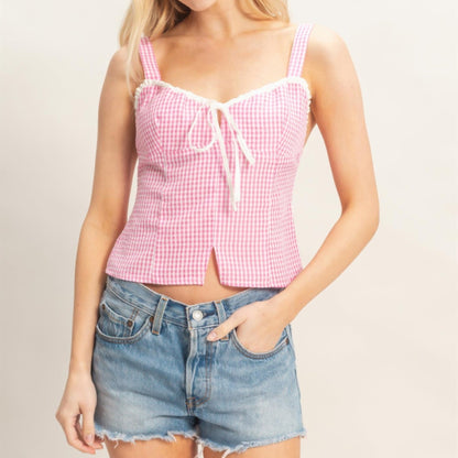 Gingham Tie Front Tank Top in Pink - Front View