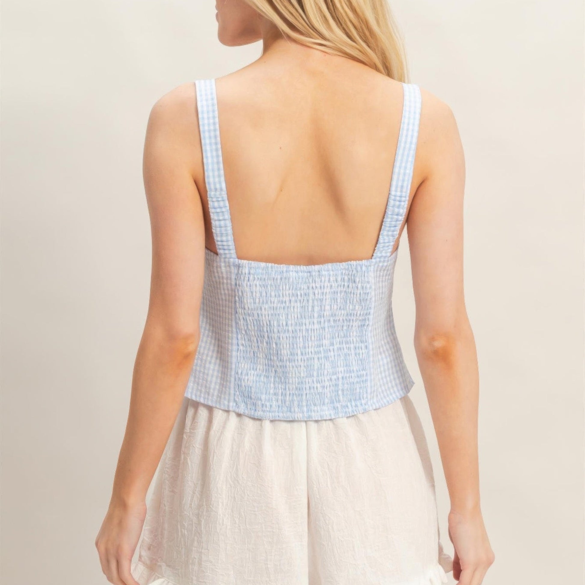Gingham Tie Front Tank Top in Light Blue - Back View 