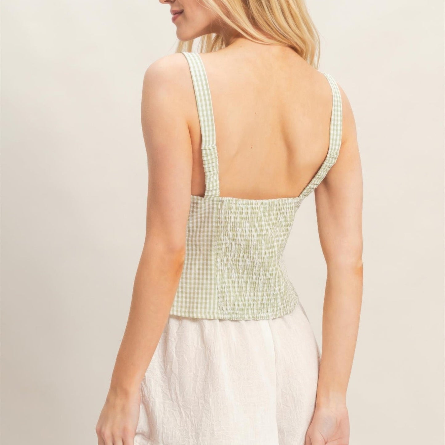 Gingham Tie Front Tank Top in Green - Lifestyle View 2 