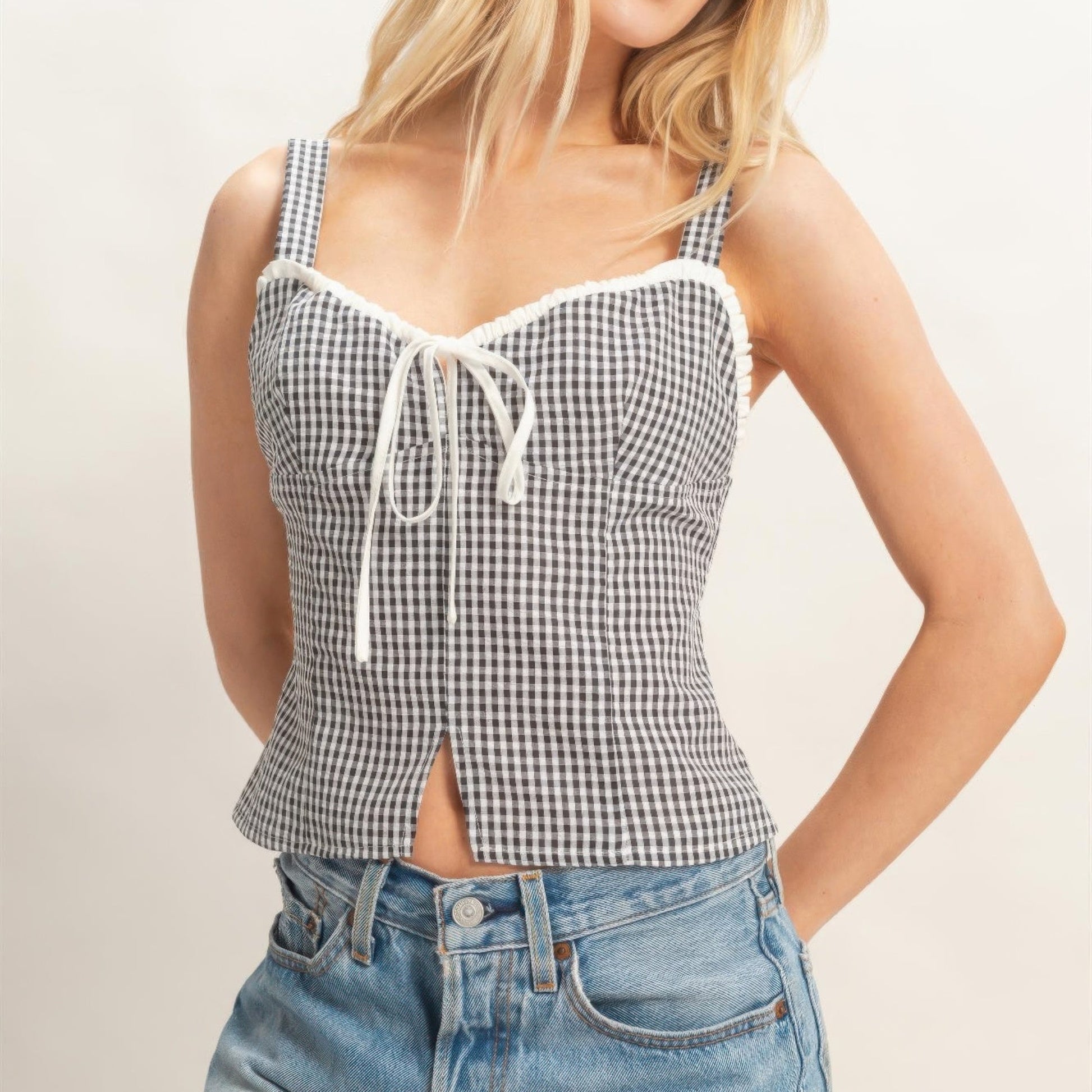 Gingham Tie Front Tank Top in Black - Lifestyle View 