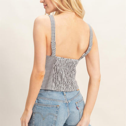 Gingham Tie Front Tank Top in Black - Back View 