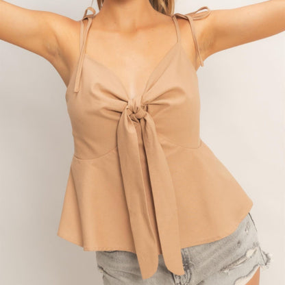 Tie Front Spaghetti Strap Top in Dark Taupe - Front View