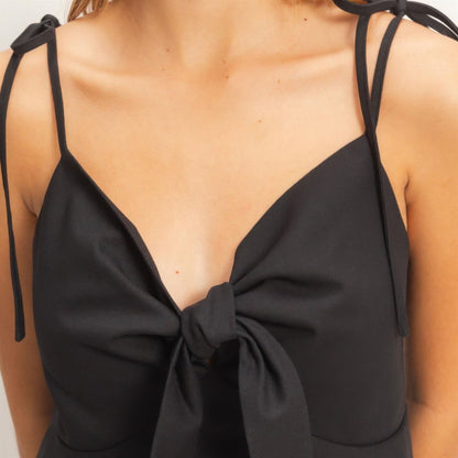 Tie Front Spaghetti Strap Top in Black - Model View