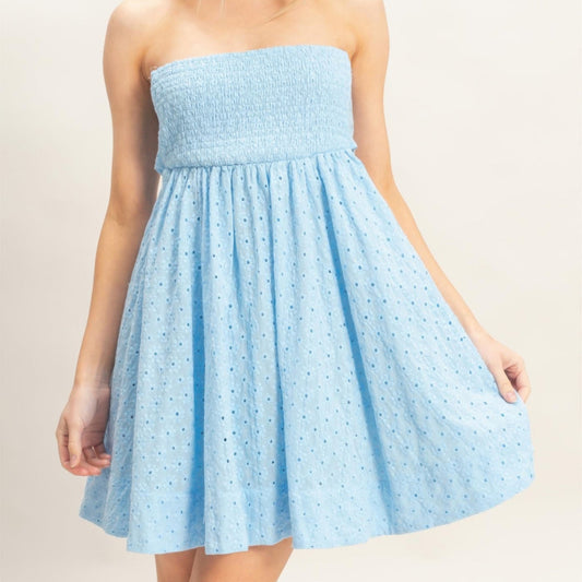 Smocked Tube Top Dress in Sky Blue - Front View

