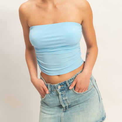 Ruched Bandeau Top in Blue - Front View