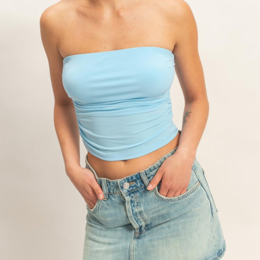Ruched Bandeau Top in Blue - Front View