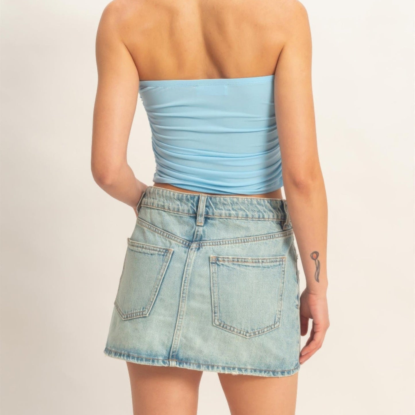 Ruched Bandeau Top in Blue - back View