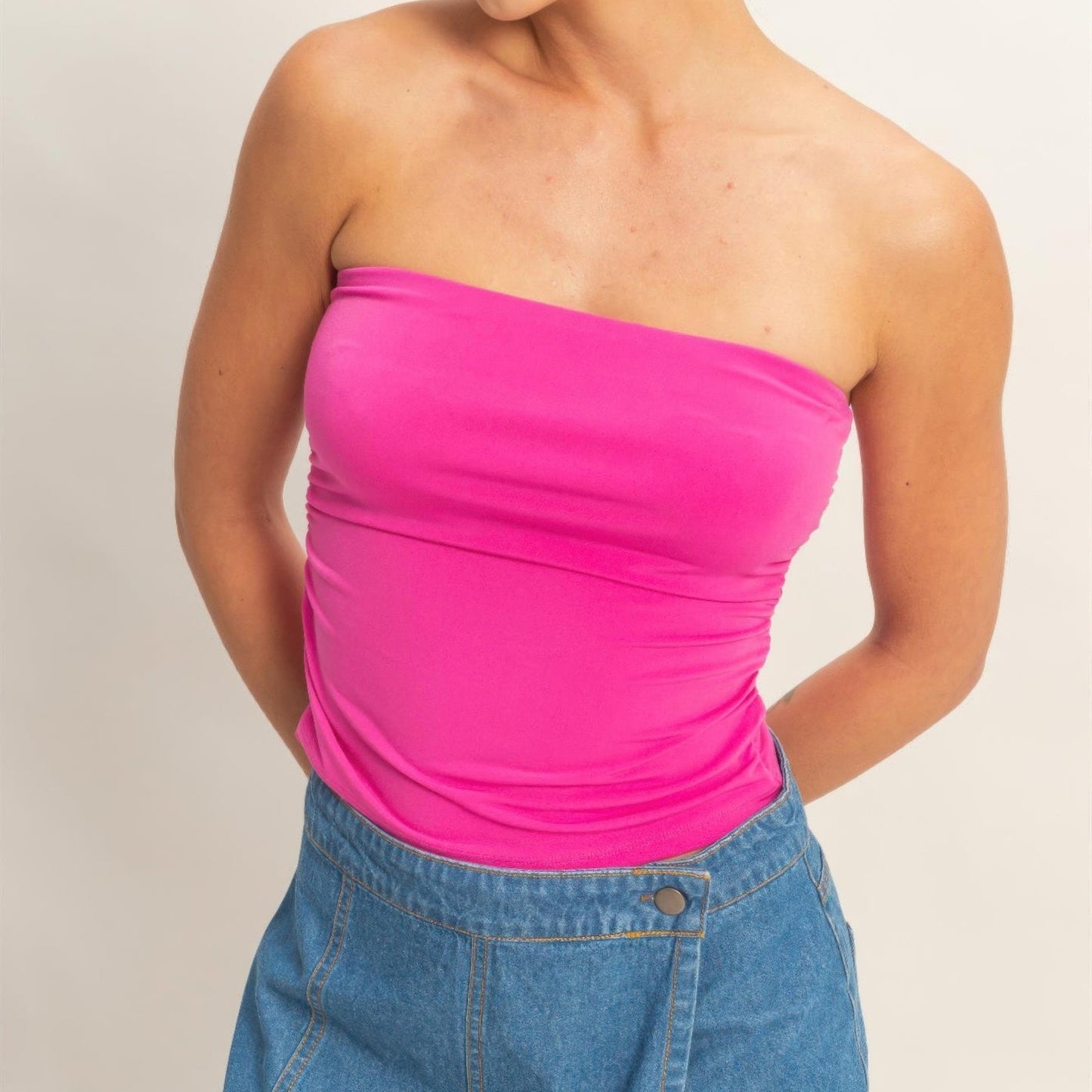 Ruched Bandeau Top in Fuchsia - Front View