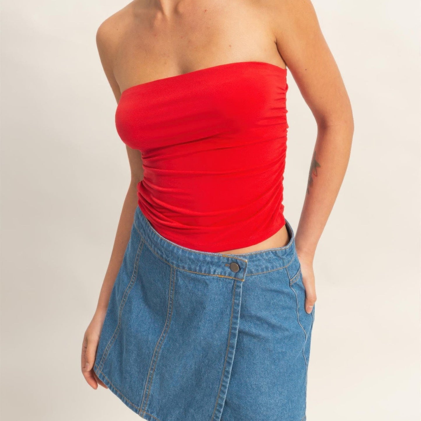 Ruched Bandeau Top in Red - Front View