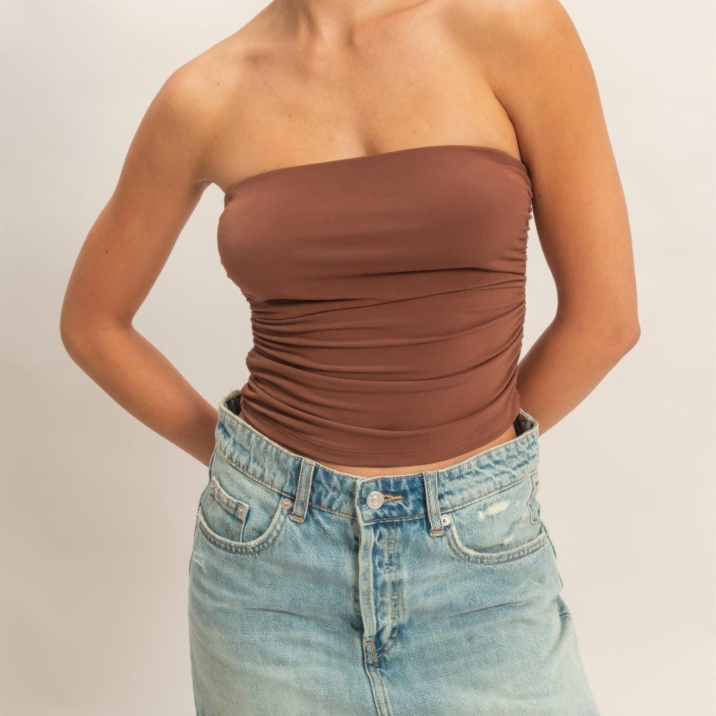 Ruched Bandeau Top in Chocolate - Front View
