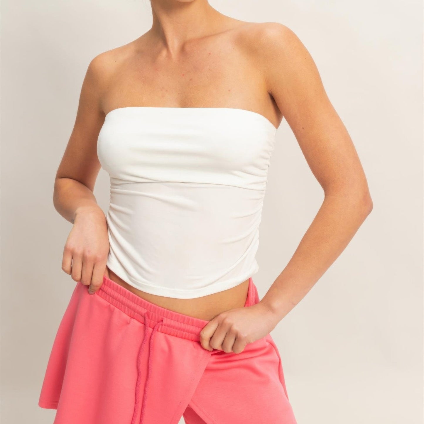 Ruched Bandeau Top in White - Front View