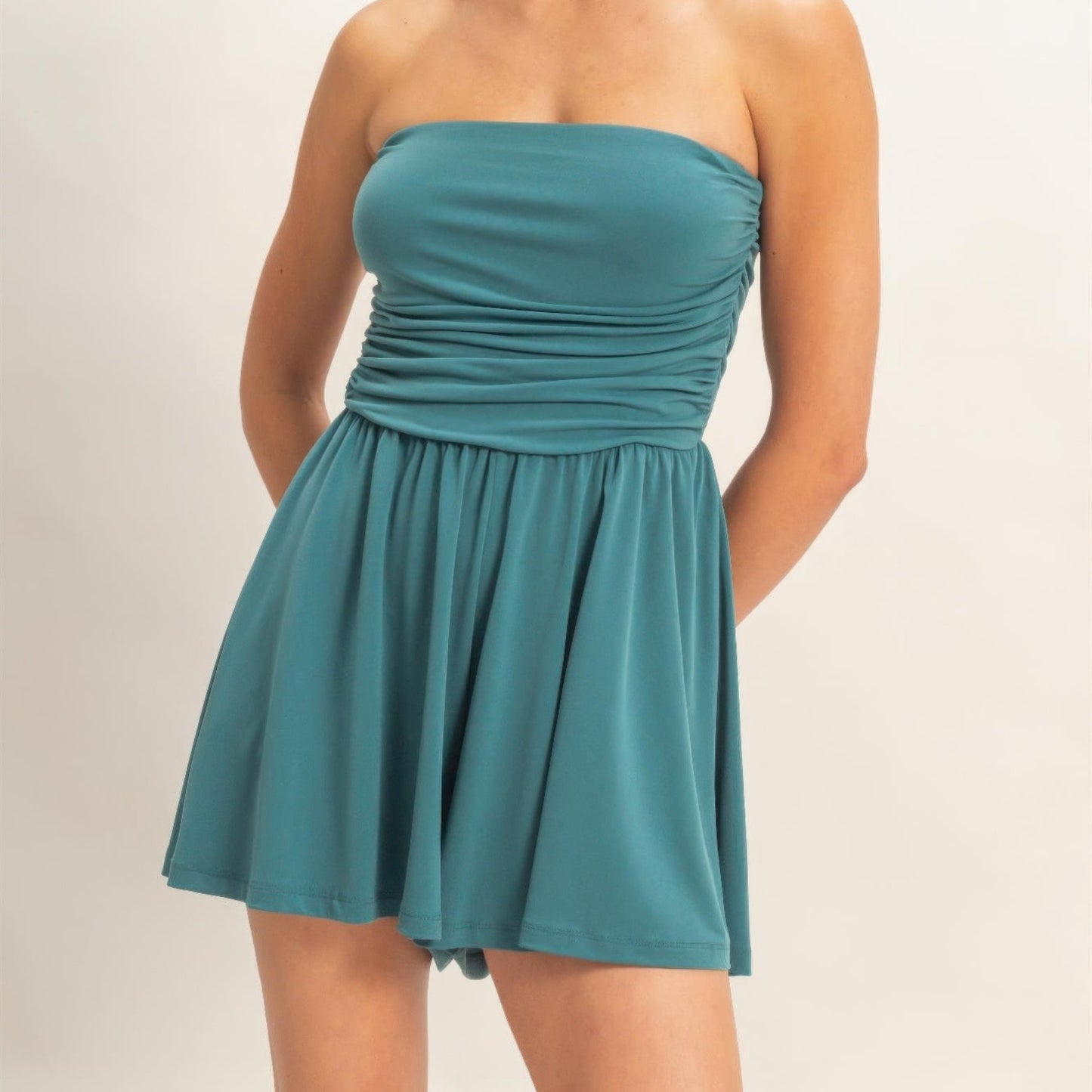 Strapless Shirred Waist Romper Dark Teal front view