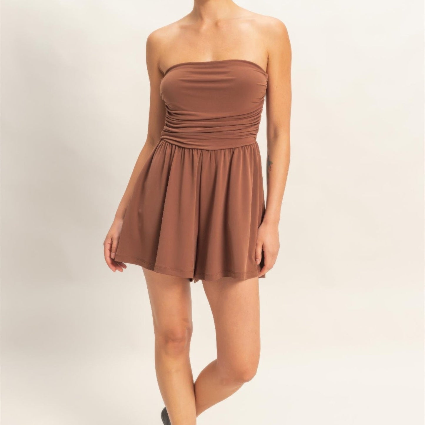 Strapless Shirred Waist Romper Chocolate  model view