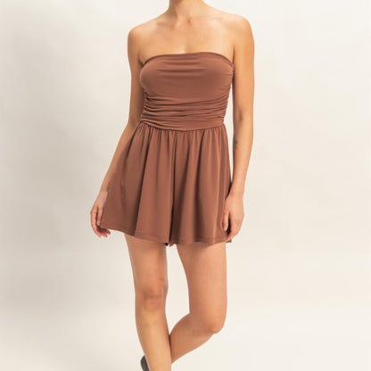 Strapless Shirred Waist Romper Chocolate  model view