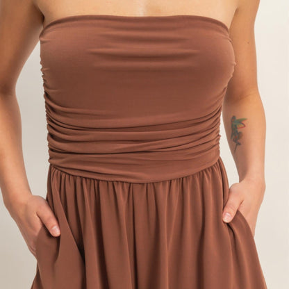 Strapless Shirred Waist Romper Chocolate  detail view