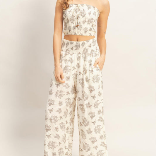 Smocked Tube Top and Wide-Leg Pants Set in Black - Front View
