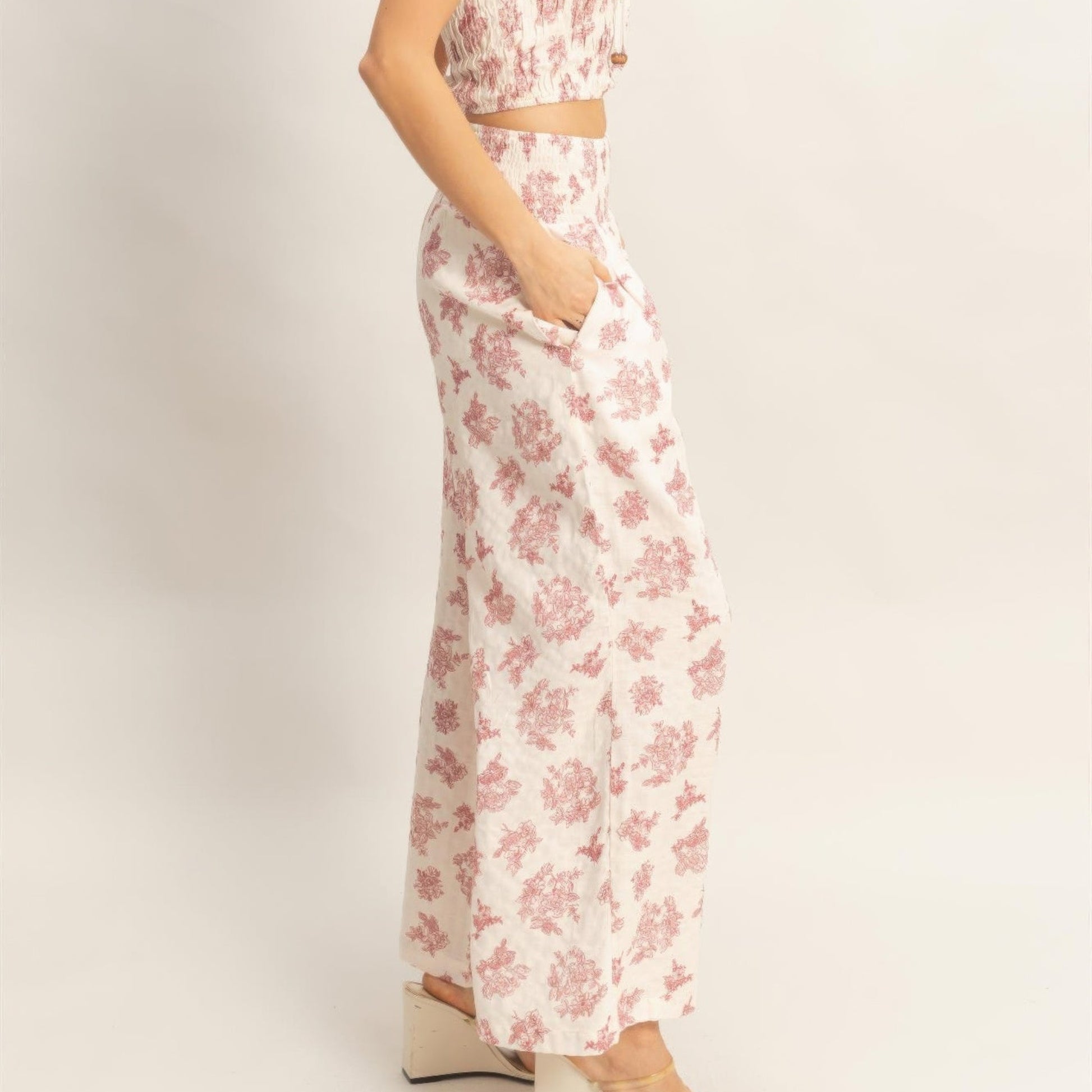 Smocked Tube Top and Wide-Leg Pants Set in Burgundy - Side View 