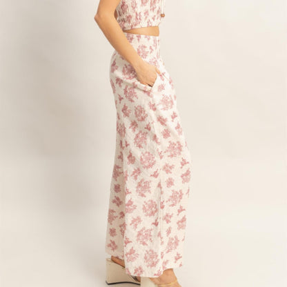 Smocked Tube Top and Wide-Leg Pants Set in Burgundy - Side View 
