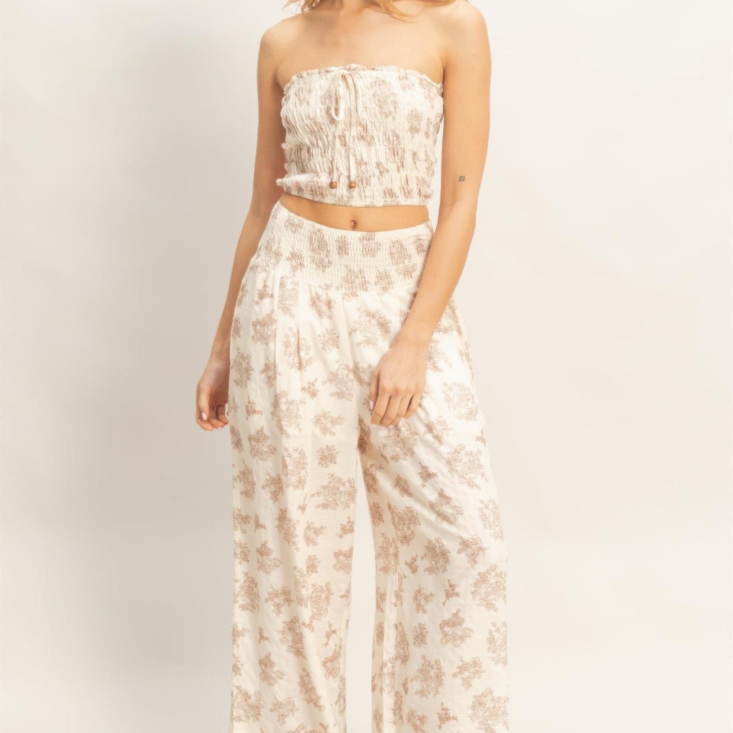 Smocked Tube Top and Wide-Leg Pants Set in Beige - Front View 