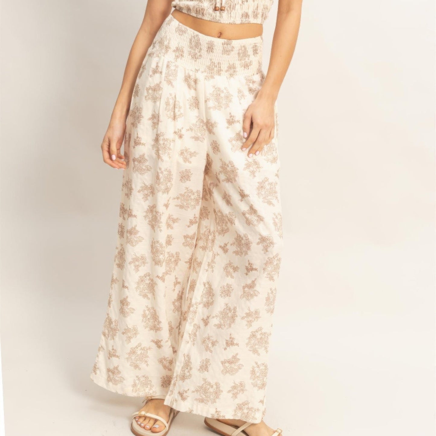  Smocked Tube Top and Wide-Leg Pants Set in Beige - Lifestyle View