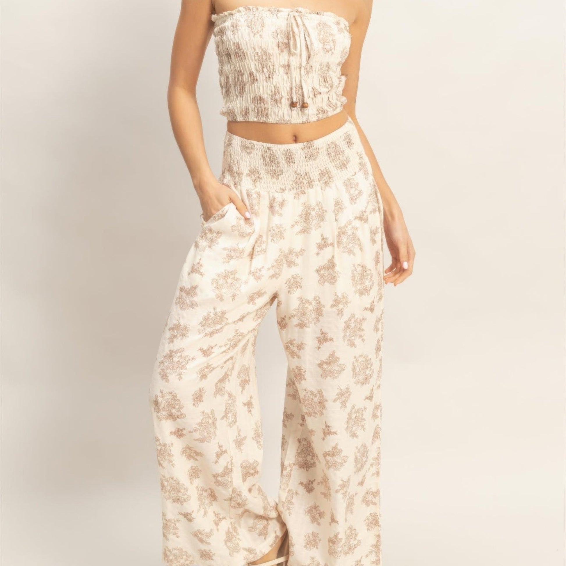 Smocked Tube Top and Wide-Leg Pants Set in Beige - Side View 