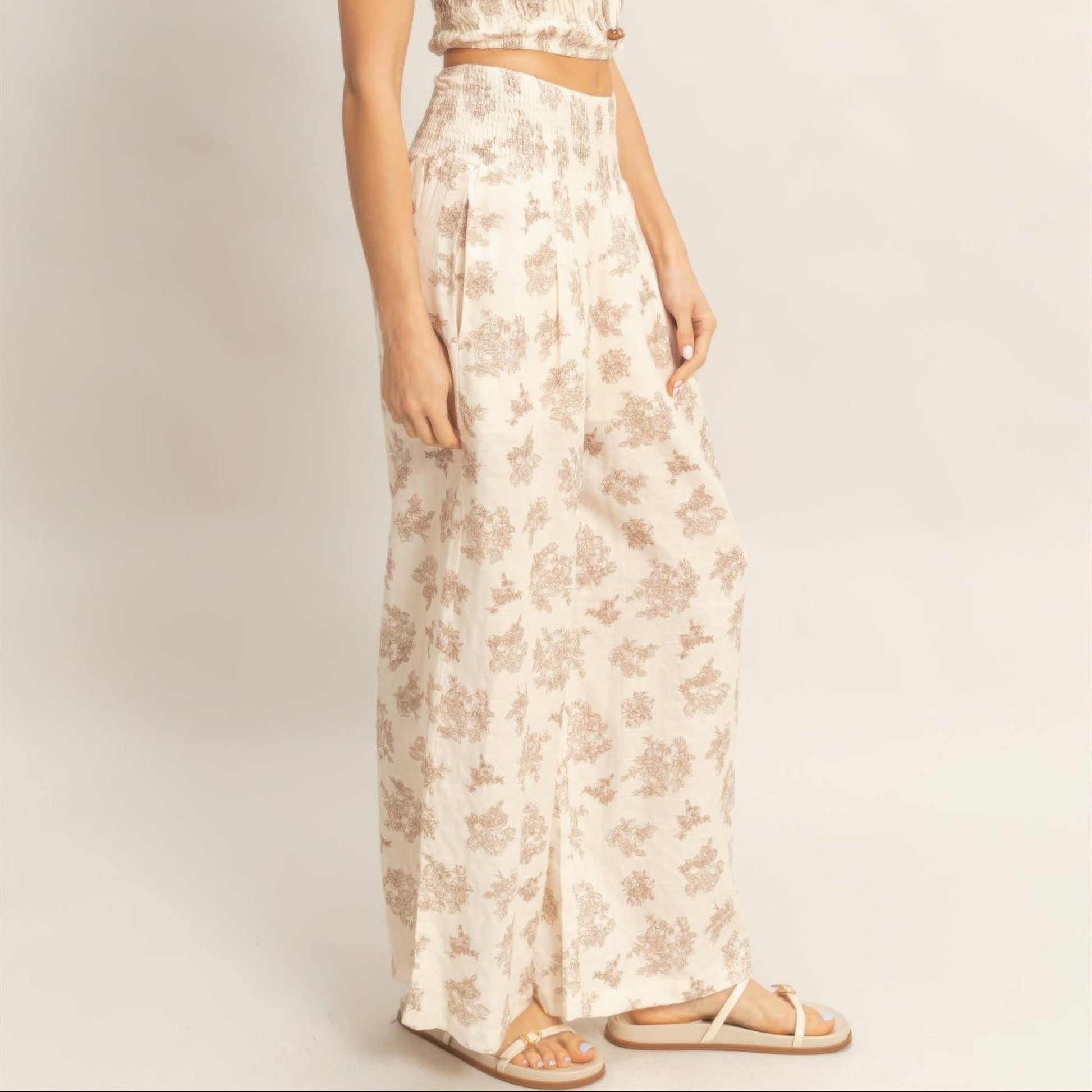 Smocked Tube Top and Wide-Leg Pants Set in Beige - Detail View 
