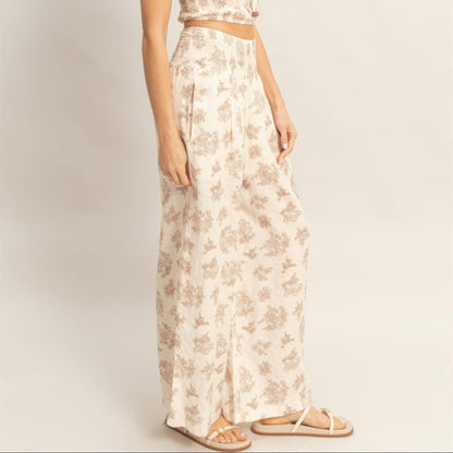 Smocked Tube Top and Wide-Leg Pants Set in Beige - Detail View 
