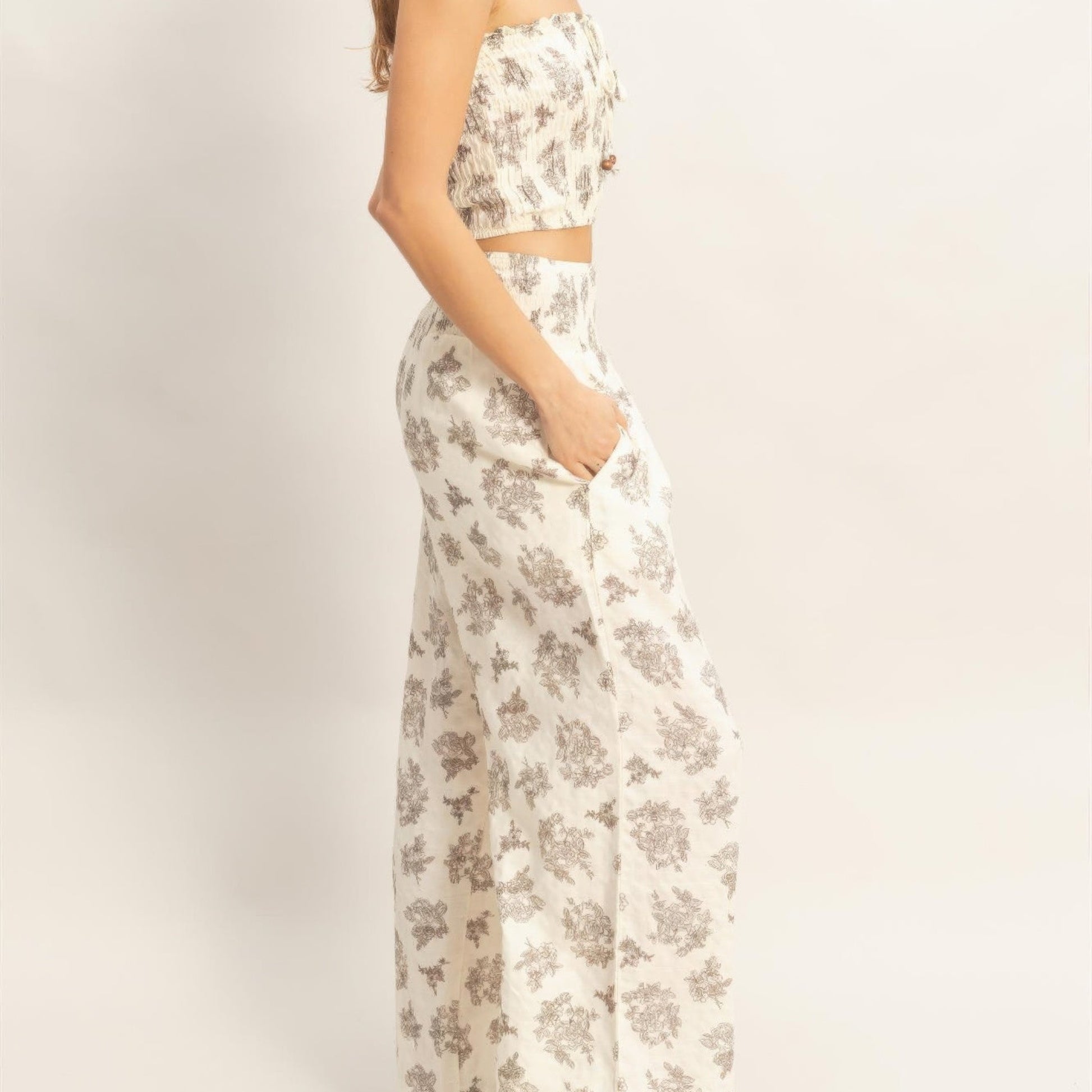 Smocked Tube Top and Wide-Leg Pants Set in Black - Side View 