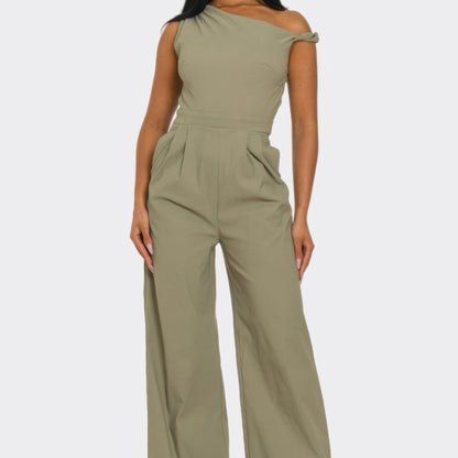 Chic Poise One-Shoulder Jumpsuit in Khaki - Front View
