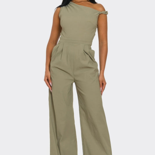 Chic Poise One-Shoulder Jumpsuit in Khaki - Front View
