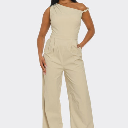 Chic Poise One-Shoulder Jumpsuit in Stone - Front View