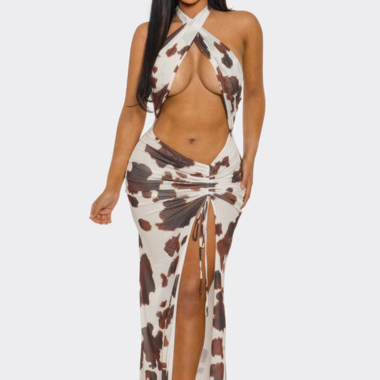 Wild Heat Cow Print Cutout Halter Maxi Dress - Front View

