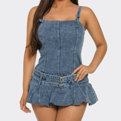 Belted Denim Mini Romper Dress with Built-In Shorts - Front View