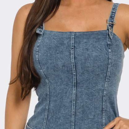 Belted Denim Mini Romper Dress with Built-In Shorts - Detail View