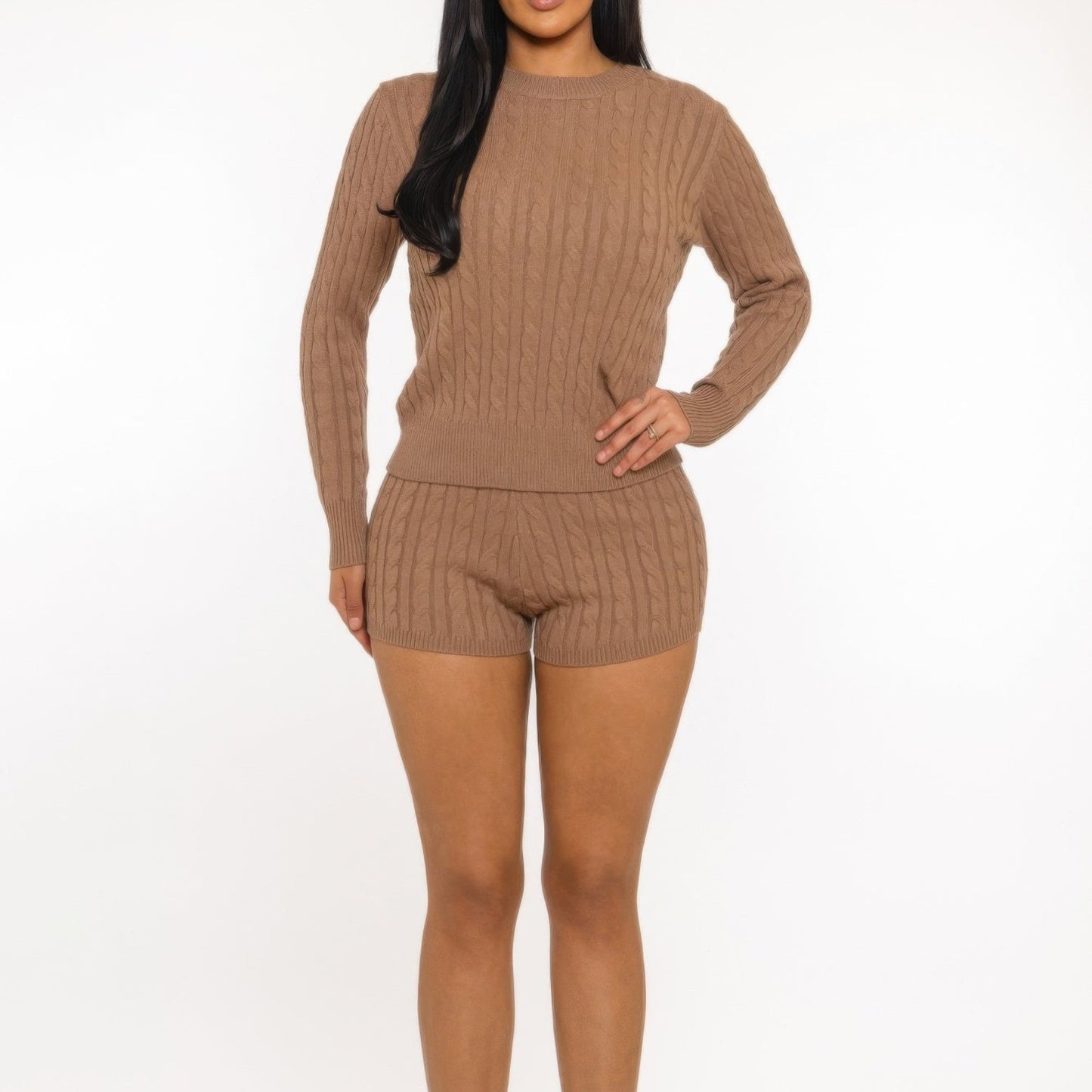 Cozy Reign Cable-Knit Loungewear Set in Mocha - Front View 