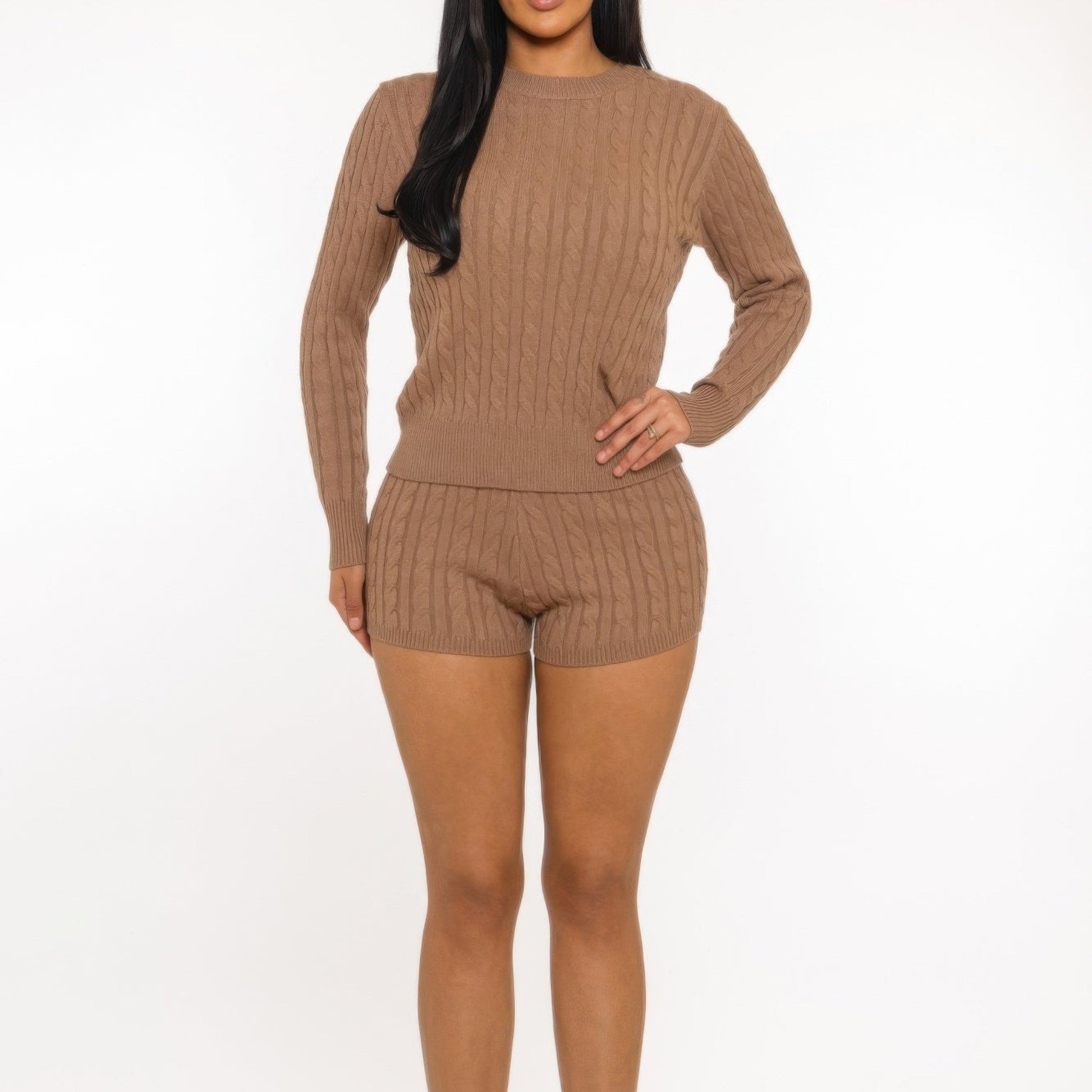 Cozy Reign Cable-Knit Loungewear Set in Mocha - Front View 