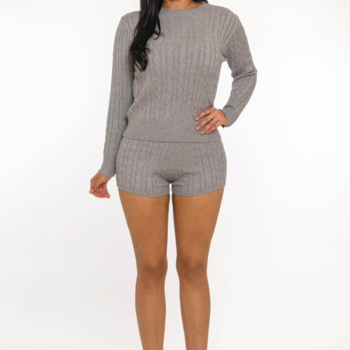 Cozy Reign Cable-Knit Loungewear Set in Heather Grey - Front View 
